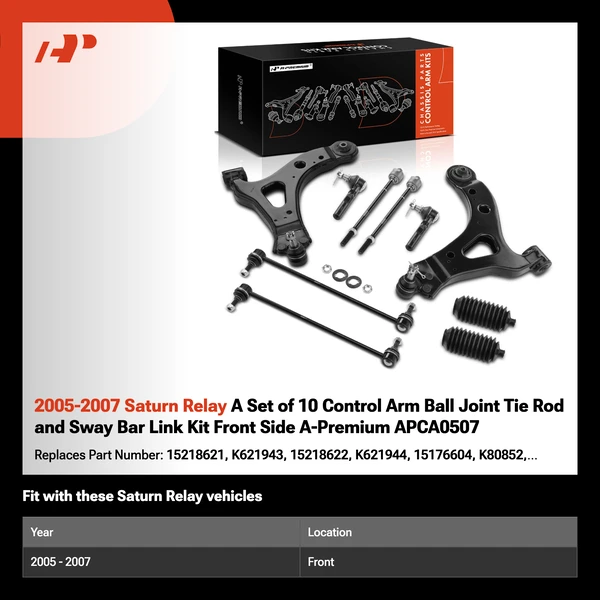 2005-2007 Saturn Relay A Set of 10 Control Arm Ball Joint Tie Rod and Sway Bar Link Kit Front Side A-Premium APCA0507