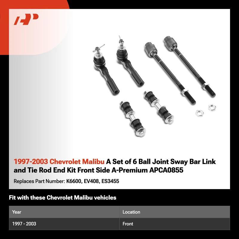1997-2003 Chevrolet Malibu A Set of 6 Ball Joint Sway Bar Link and Tie Rod End Kit Front Side A-Premium APCA0855