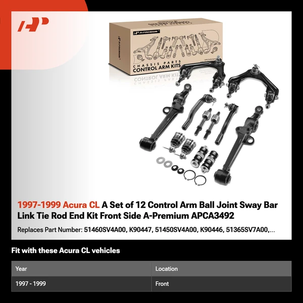 1997-1999 Acura CL A Set of 12 Control Arm Ball Joint Sway Bar Link Tie Rod End Kit Front Side A-Premium APCA3492
