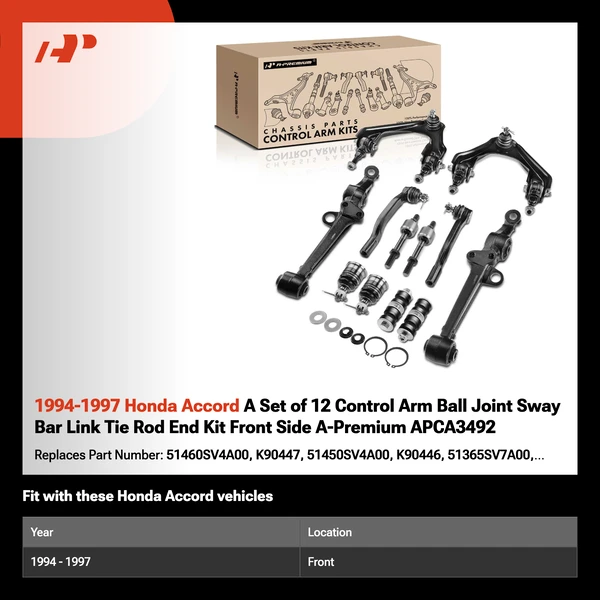 1994-1997 Honda Accord A Set of 12 Control Arm Ball Joint Sway Bar Link Tie Rod End Kit Front Side A-Premium APCA3492