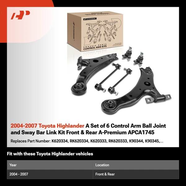 2004-2007 Toyota Highlander A Set of 6 Control Arm Ball Joint and Sway Bar Link Kit Front & Rear A-Premium APCA1745