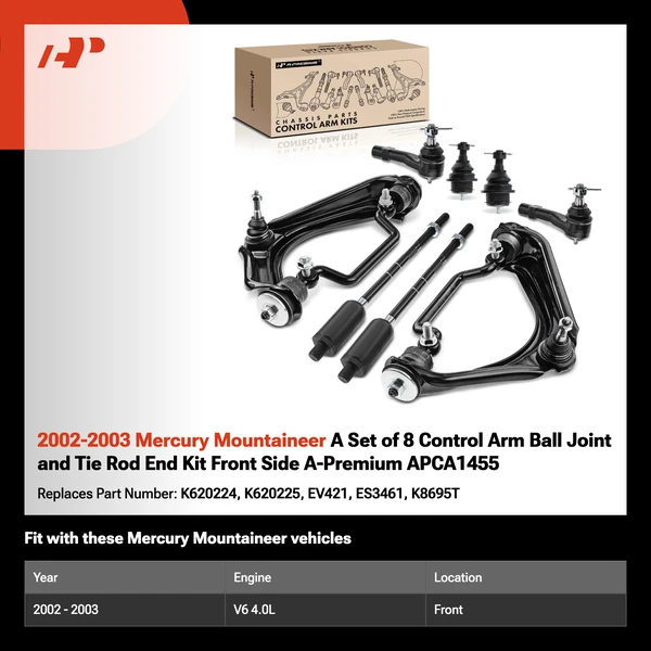 2002-2003 Mercury Mountaineer A Set of 8 Control Arm Ball Joint and Tie Rod End Kit Front Side A-Premium APCA1455