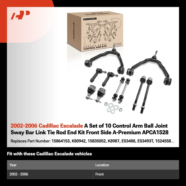 2002-2006 Cadillac Escalade A Set of 10 Control Arm Ball Joint Sway Bar Link Tie Rod End Kit Front Side A-Premium APCA1528