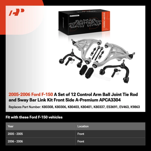 2005-2006 Ford F-150 A Set of 12 Control Arm Ball Joint Tie Rod and Sway Bar Link Kit Front Side A-Premium APCA3304