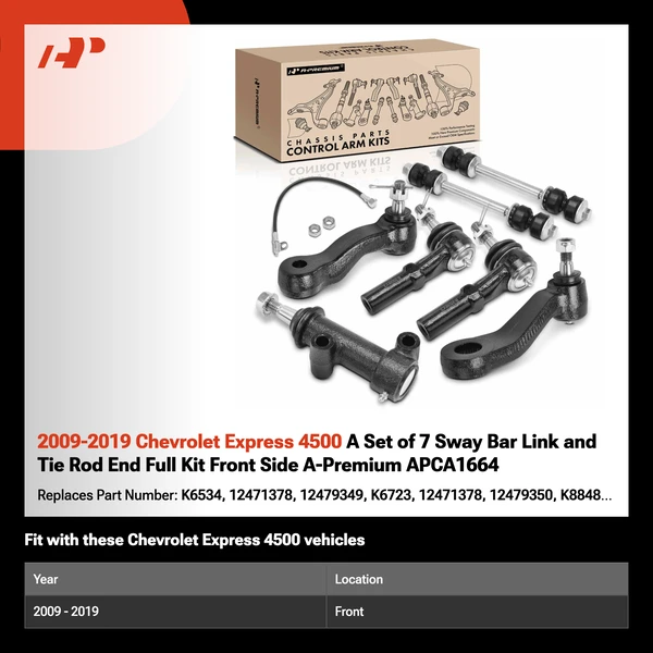 2009-2019 Chevrolet Express 4500 A Set of 7 Sway Bar Link and Tie Rod End Full Kit Front Side A-Premium APCA1664