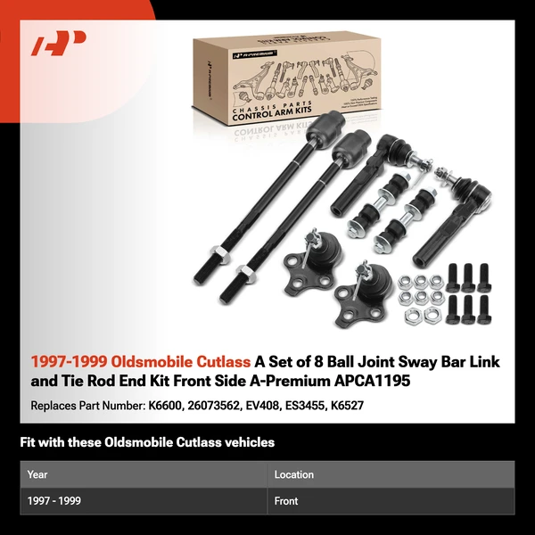 1997-1999 Oldsmobile Cutlass A Set of 8 Ball Joint Sway Bar Link and Tie Rod End Kit Front Side A-Premium APCA1195