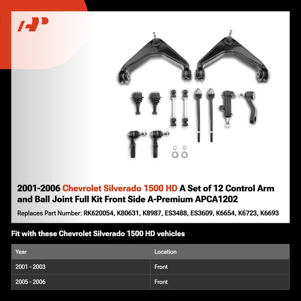2001-2006 Chevrolet Silverado 1500 HD A Set of 12 Control Arm and Ball Joint Full Kit Front Side A-Premium APCA1202