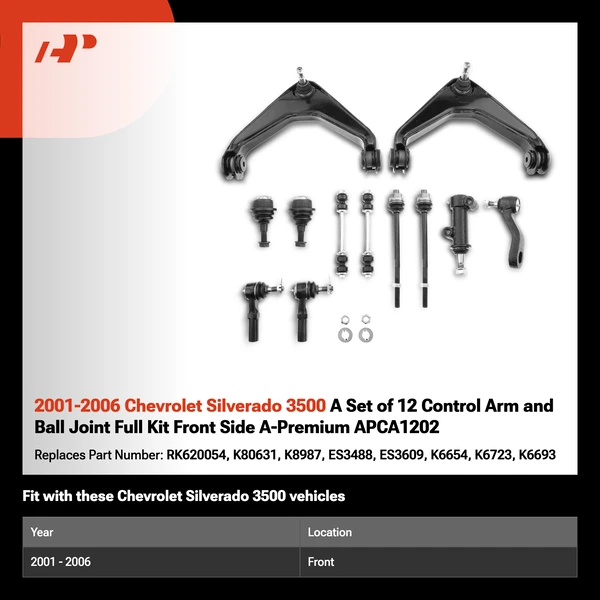 2001-2006 Chevrolet Silverado 3500 A Set of 12 Control Arm and Ball Joint Full Kit Front Side A-Premium APCA1202