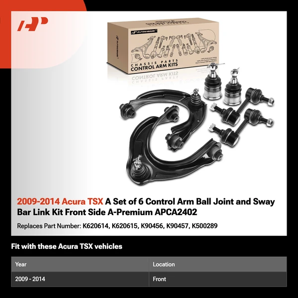 2009-2014 Acura TSX A Set of 6 Control Arm Ball Joint and Sway Bar Link Kit Front Side A-Premium APCA2402