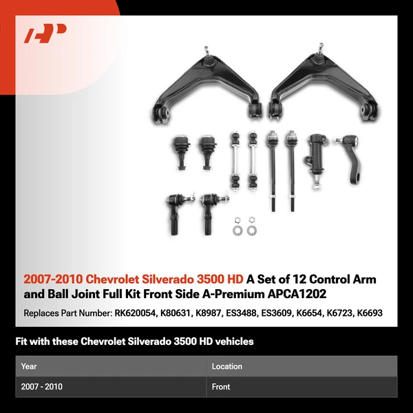 2007-2010 Chevrolet Silverado 3500 HD A Set of 12 Control Arm and Ball Joint Full Kit Front Side A-Premium APCA1202