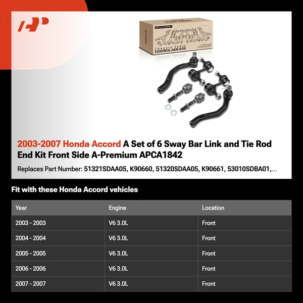 2003-2007 Honda Accord A Set of 6 Sway Bar Link and Tie Rod End Kit Front Side A-Premium APCA1842