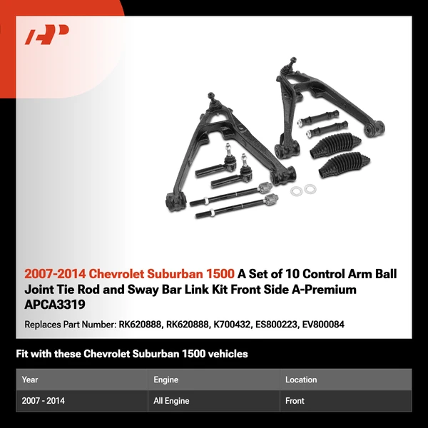 2007-2014 Chevrolet Suburban 1500 A Set of 10 Control Arm Ball Joint Tie Rod and Sway Bar Link Kit Front Side A-Premium APCA3319
