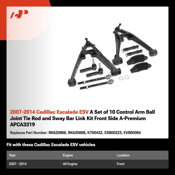 2007-2014 Cadillac Escalade ESV A Set of 10 Control Arm Ball Joint Tie Rod and Sway Bar Link Kit Front Side A-Premium APCA3319