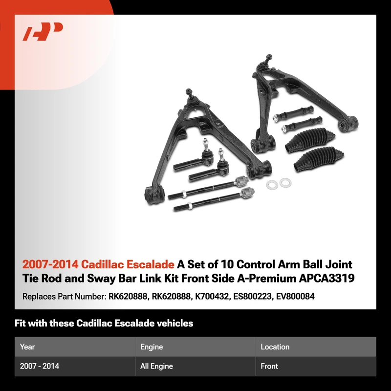 2007-2014 Cadillac Escalade A Set of 10 Control Arm Ball Joint Tie Rod and Sway Bar Link Kit Front Side A-Premium APCA3319