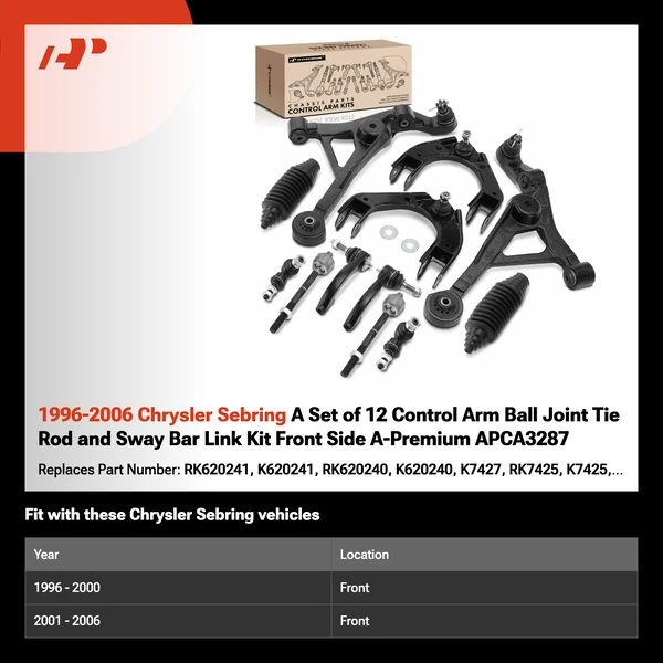 1996-2006 Chrysler Sebring A Set of 12 Control Arm Ball Joint Tie Rod and Sway Bar Link Kit Front Side A-Premium APCA3287
