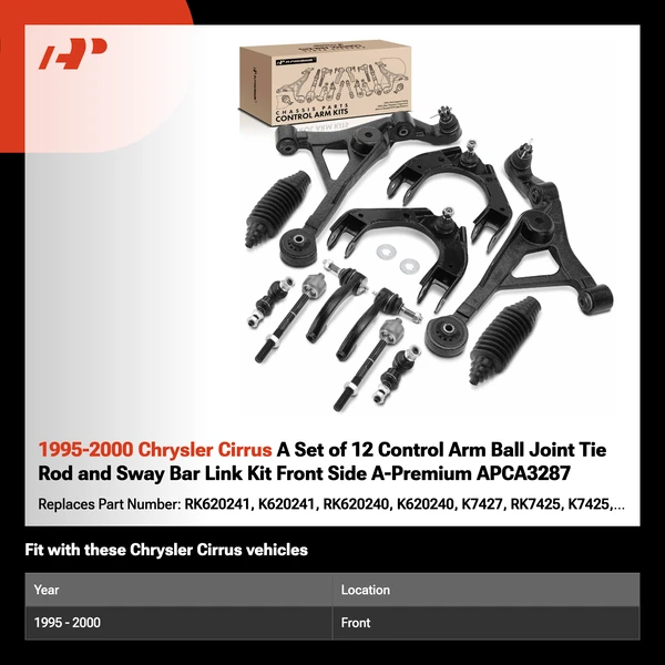 1995-2000 Chrysler Cirrus A Set of 12 Control Arm Ball Joint Tie Rod and Sway Bar Link Kit Front Side A-Premium APCA3287