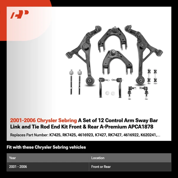 2001-2006 Chrysler Sebring A Set of 12 Control Arm Sway Bar Link and Tie Rod End Kit Front & Rear A-Premium APCA1878