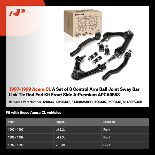 1997-1999 Acura CL A Set of 8 Control Arm Ball Joint Sway Bar Link Tie Rod End Kit Front Side A-Premium APCA0558