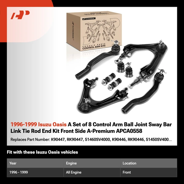 1996-1999 Isuzu Oasis A Set of 8 Control Arm Ball Joint Sway Bar Link Tie Rod End Kit Front Side A-Premium APCA0558