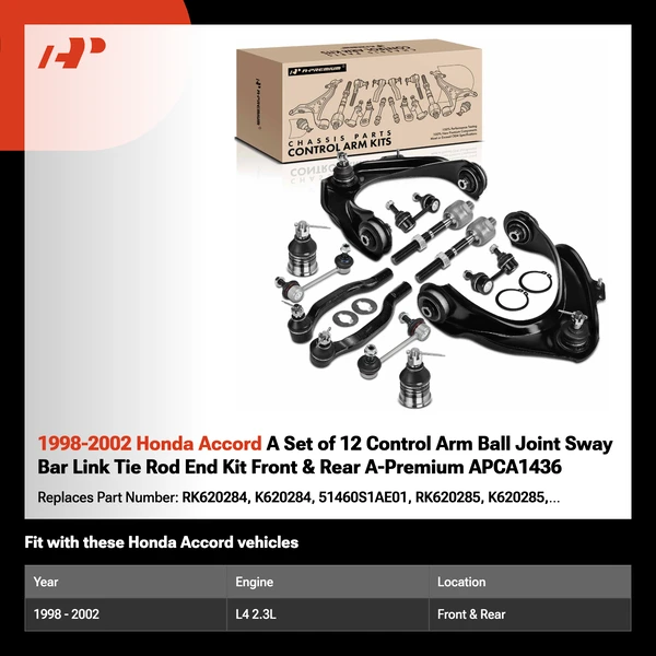 1998-2002 Honda Accord A Set of 12 Control Arm Ball Joint Sway Bar Link Tie Rod End Kit Front & Rear A-Premium APCA1436