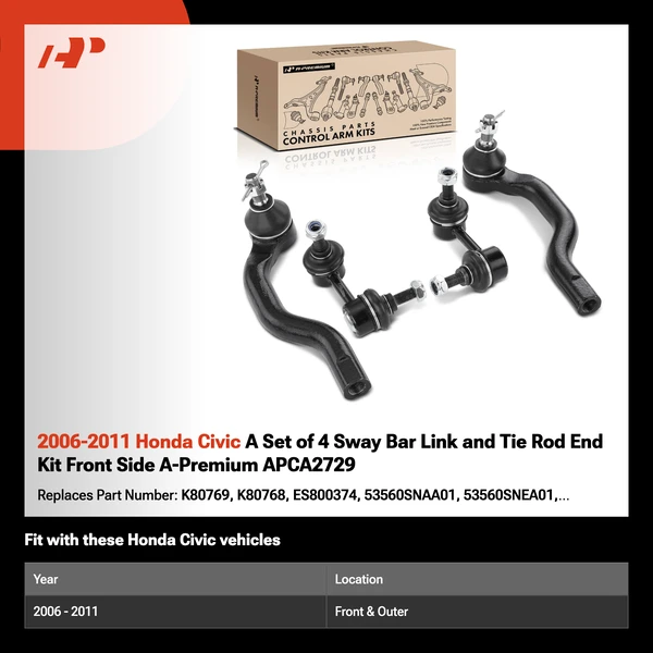 2006-2011 Honda Civic A Set of 4 Sway Bar Link and Tie Rod End Kit Front Side A-Premium APCA2729