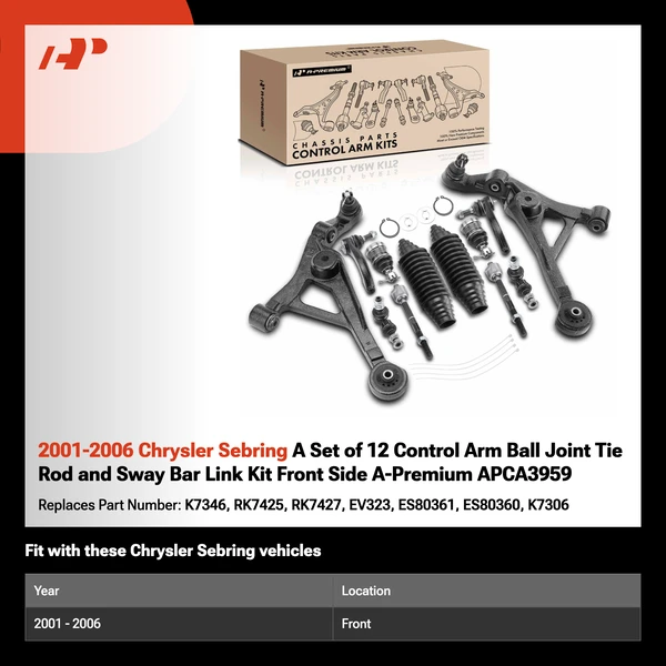 2001-2006 Chrysler Sebring A Set of 12 Control Arm Ball Joint Tie Rod and Sway Bar Link Kit Front Side A-Premium APCA3959