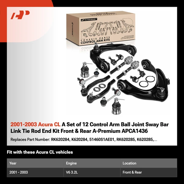 2001-2003 Acura CL A Set of 12 Control Arm Ball Joint Sway Bar Link Tie Rod End Kit Front & Rear A-Premium APCA1436