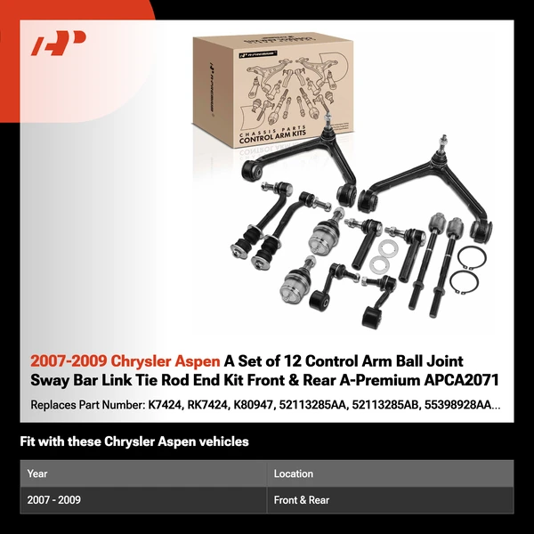 2007-2009 Chrysler Aspen A Set of 12 Control Arm Ball Joint Sway Bar Link Tie Rod End Kit Front & Rear A-Premium APCA2071