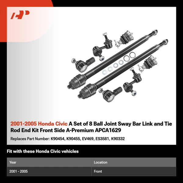2001-2005 Honda Civic A Set of 8 Ball Joint Sway Bar Link and Tie Rod End Kit Front Side A-Premium APCA1629