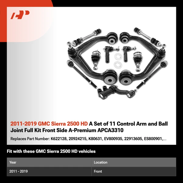 2011-2019 GMC Sierra 2500 HD A Set of 11 Control Arm and Ball Joint Full Kit Front Side A-Premium APCA3310