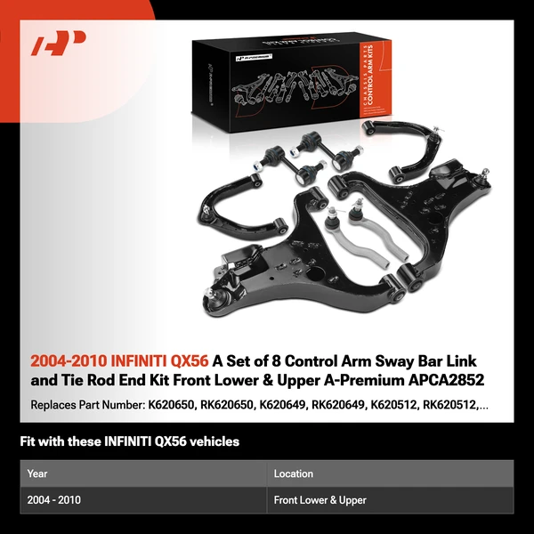 2004-2010 INFINITI QX56 A Set of 8 Control Arm Sway Bar Link and Tie Rod End Kit Front Lower & Upper A-Premium APCA2852