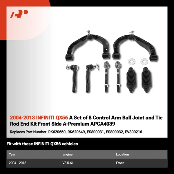 2004-2013 INFINITI QX56 A Set of 8 Control Arm Ball Joint and Tie Rod End Kit Front Side A-Premium APCA4039