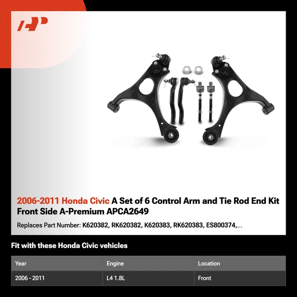 2006-2011 Honda Civic A Set of 6 Control Arm and Tie Rod End Kit Front Side A-Premium APCA2649