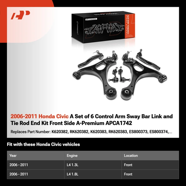 2006-2011 Honda Civic A Set of 6 Control Arm Sway Bar Link and Tie Rod End Kit Front Side A-Premium APCA1742