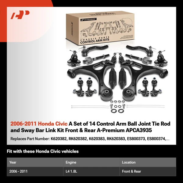 2006-2011 Honda Civic A Set of 14 Control Arm Ball Joint Tie Rod and Sway Bar Link Kit Front & Rear A-Premium APCA3935