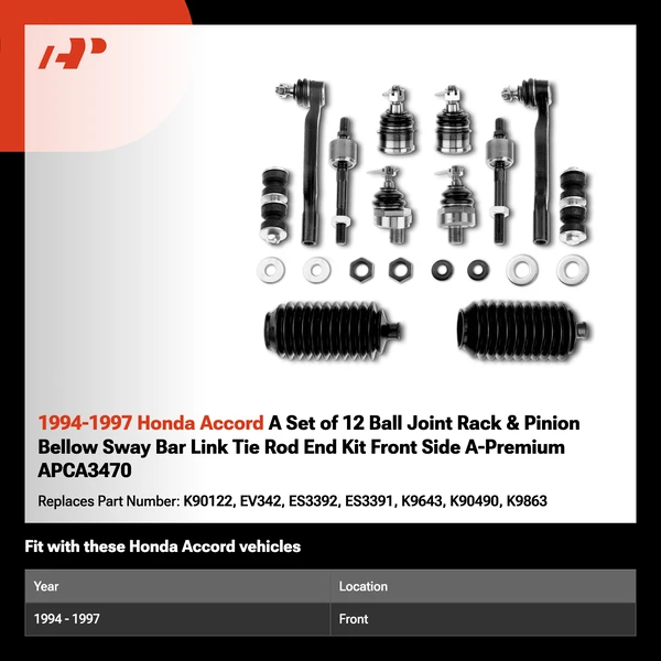1994-1997 Honda Accord A Set of 12 Ball Joint Rack & Pinion Bellow Sway Bar Link Tie Rod End Kit Front Side A-Premium APCA3470