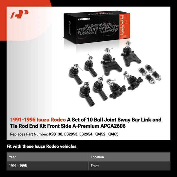 1991-1995 Isuzu Rodeo A Set of 10 Ball Joint Sway Bar Link and Tie Rod End Kit Front Side A-Premium APCA2606