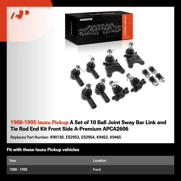 1988-1995 Isuzu Pickup A Set of 10 Ball Joint Sway Bar Link and Tie Rod End Kit Front Side A-Premium APCA2606