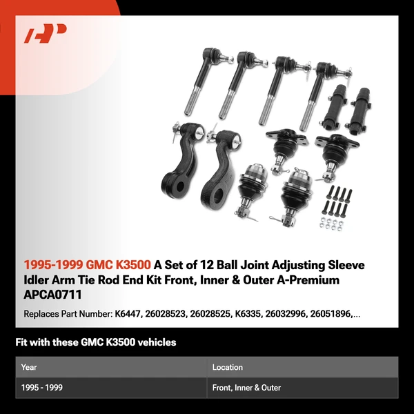 1995-1999 GMC K3500 A Set of 12 Ball Joint Adjusting Sleeve Idler Arm Tie Rod End Kit Front, Inner & Outer A-Premium APCA0711