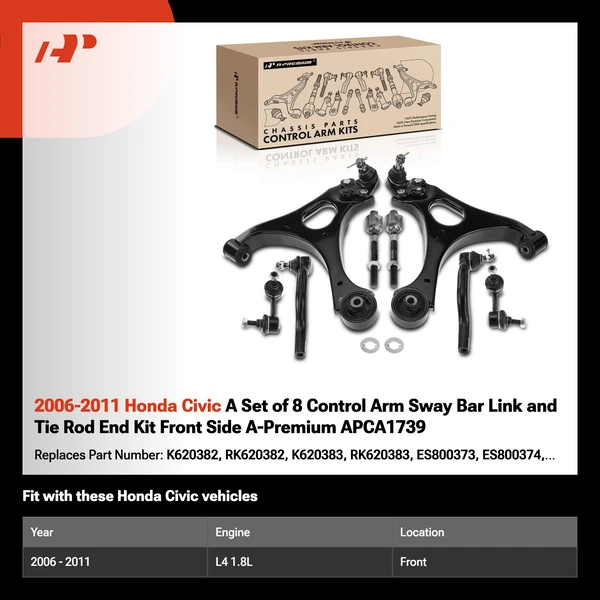 2006-2011 Honda Civic A Set of 8 Control Arm Sway Bar Link and Tie Rod End Kit Front Side A-Premium APCA1739