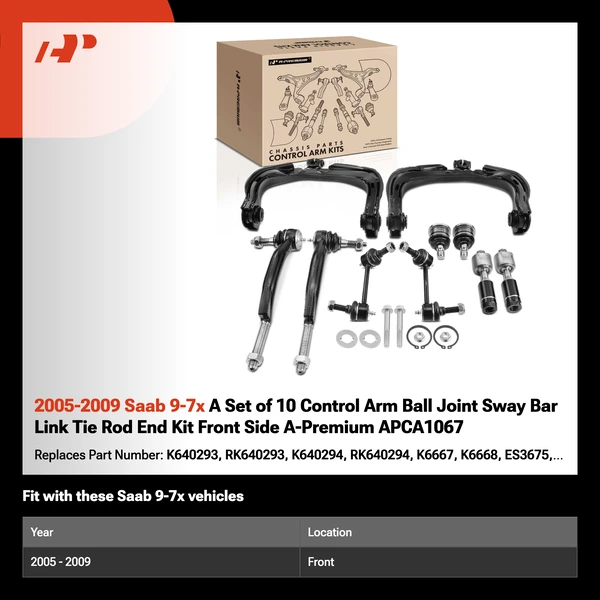2005-2009 Saab 9-7x A Set of 10 Control Arm Ball Joint Sway Bar Link Tie Rod End Kit Front Side A-Premium APCA1067