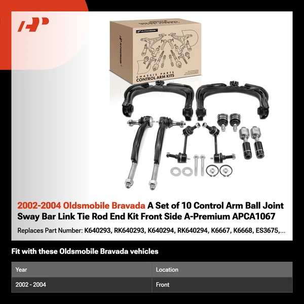 2002-2004 Oldsmobile Bravada A Set of 10 Control Arm Ball Joint Sway Bar Link Tie Rod End Kit Front Side A-Premium APCA1067
