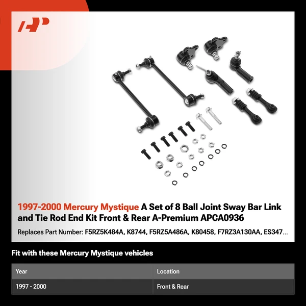 1997-2000 Mercury Mystique A Set of 8 Ball Joint Sway Bar Link and Tie Rod End Kit Front & Rear A-Premium APCA0936