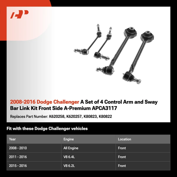 2008-2016 Dodge Challenger A Set of 4 Control Arm and Sway Bar Link Kit Front Side A-Premium APCA3117