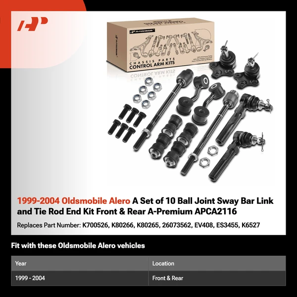 1999-2004 Oldsmobile Alero A Set of 10 Ball Joint Sway Bar Link and Tie Rod End Kit Front & Rear A-Premium APCA2116