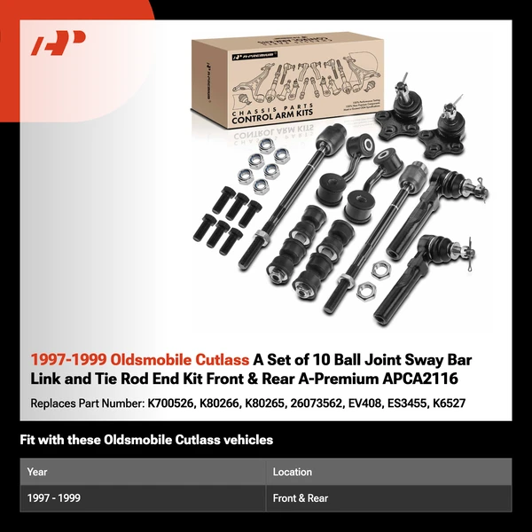 1997-1999 Oldsmobile Cutlass A Set of 10 Ball Joint Sway Bar Link and Tie Rod End Kit Front & Rear A-Premium APCA2116