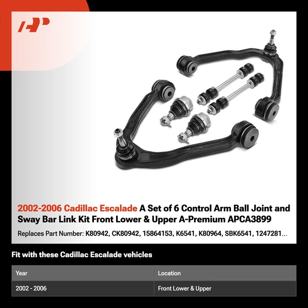 2002-2006 Cadillac Escalade A Set of 6 Control Arm Ball Joint and Sway Bar Link Kit Front Lower & Upper A-Premium APCA3899