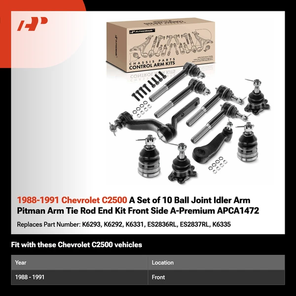1988-1991 Chevrolet C2500 A Set of 10 Ball Joint Idler Arm Pitman Arm Tie Rod End Kit Front Side A-Premium APCA1472