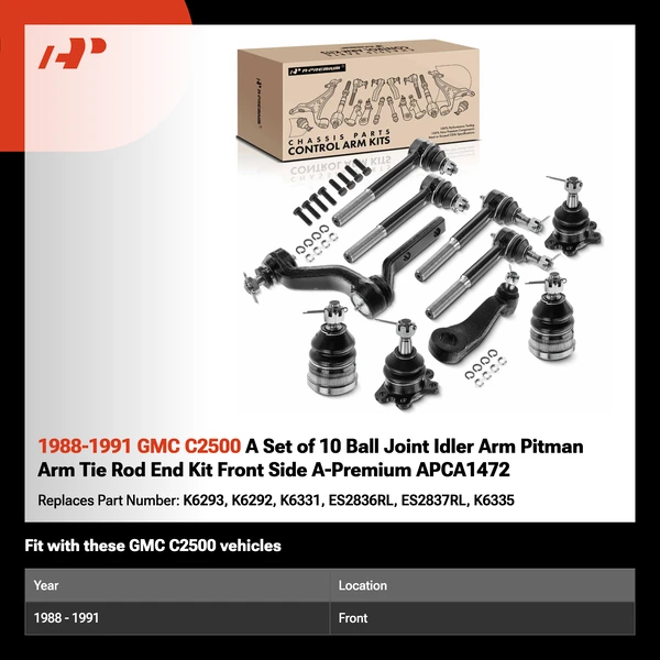 1988-1991 GMC C2500 A Set of 10 Ball Joint Idler Arm Pitman Arm Tie Rod End Kit Front Side A-Premium APCA1472