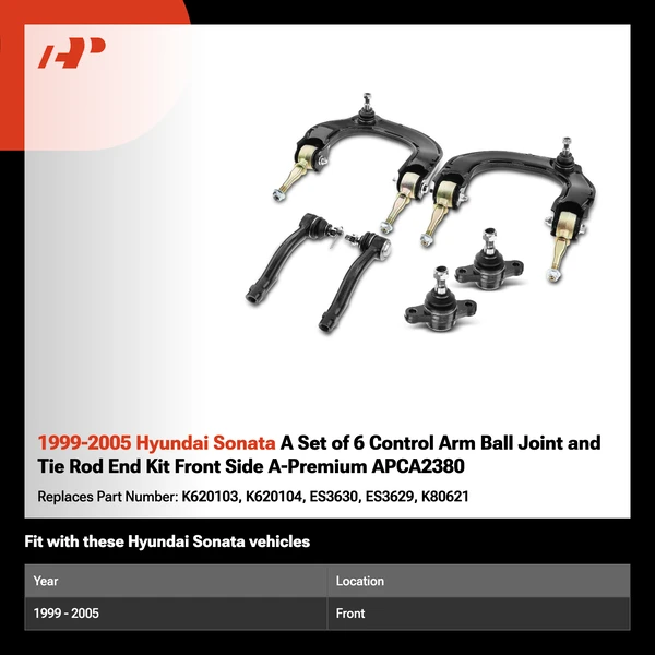 1999-2005 Hyundai Sonata A Set of 6 Control Arm Ball Joint and Tie Rod End Kit Front Side A-Premium APCA2380